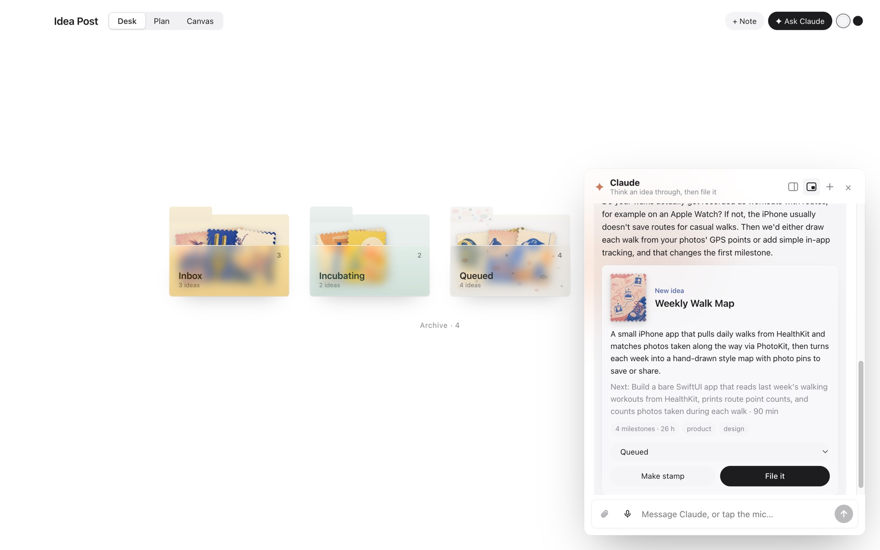 Ask Claude panel proposing an idea card