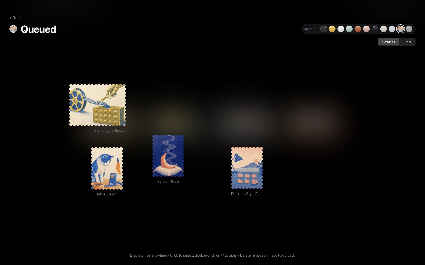 A folder of idea stamps, dark mode
